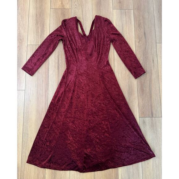Vintage 80s Molly Malloy Size 8 Crushed Velvet Maroon Red Midi Dress Open Back - Picture 10 of 13